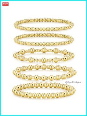 14K Gold Plated Beaded Stretch Bracelet Set Adjustable Stackable